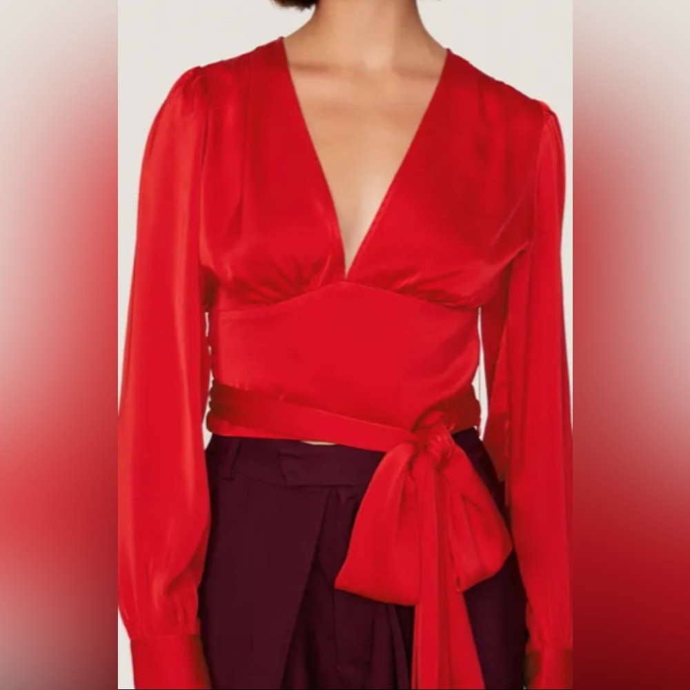 Marissa Webb Vibrant Red Satin Blouse w/ Dramatic Tie-waist/Long Sleeves/Size 6